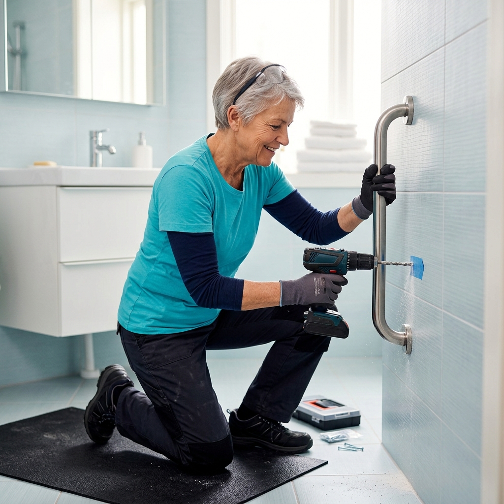 전동드릴로 타일 벽면에 구멍을 뚫고 안전손잡이를 고정하는 장면