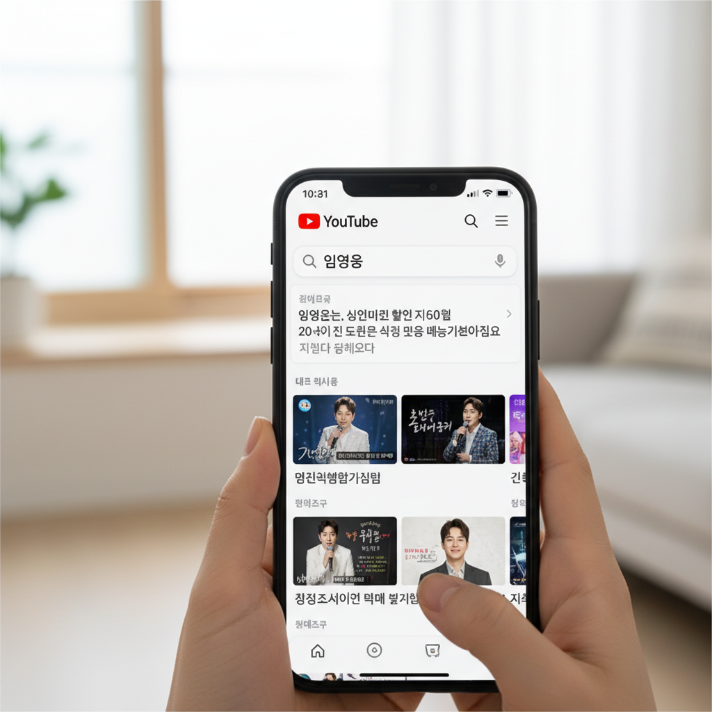 유튜브 앱 검색창에서 트로트 가수 이름을 검색하는 화면