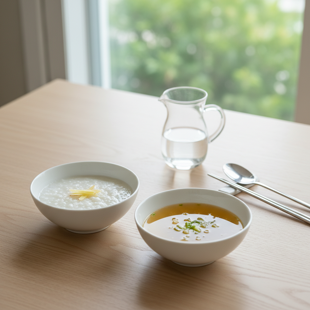 대장내시경 전날 식사 준비 모습, 흰죽과 맑은 국물 음식이 담긴 식탁