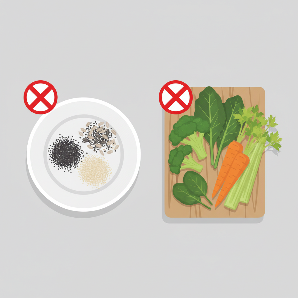 대장내시경 전 피해야 할 음식들, 씨앗과 섬유질 채소가 표시된 그림