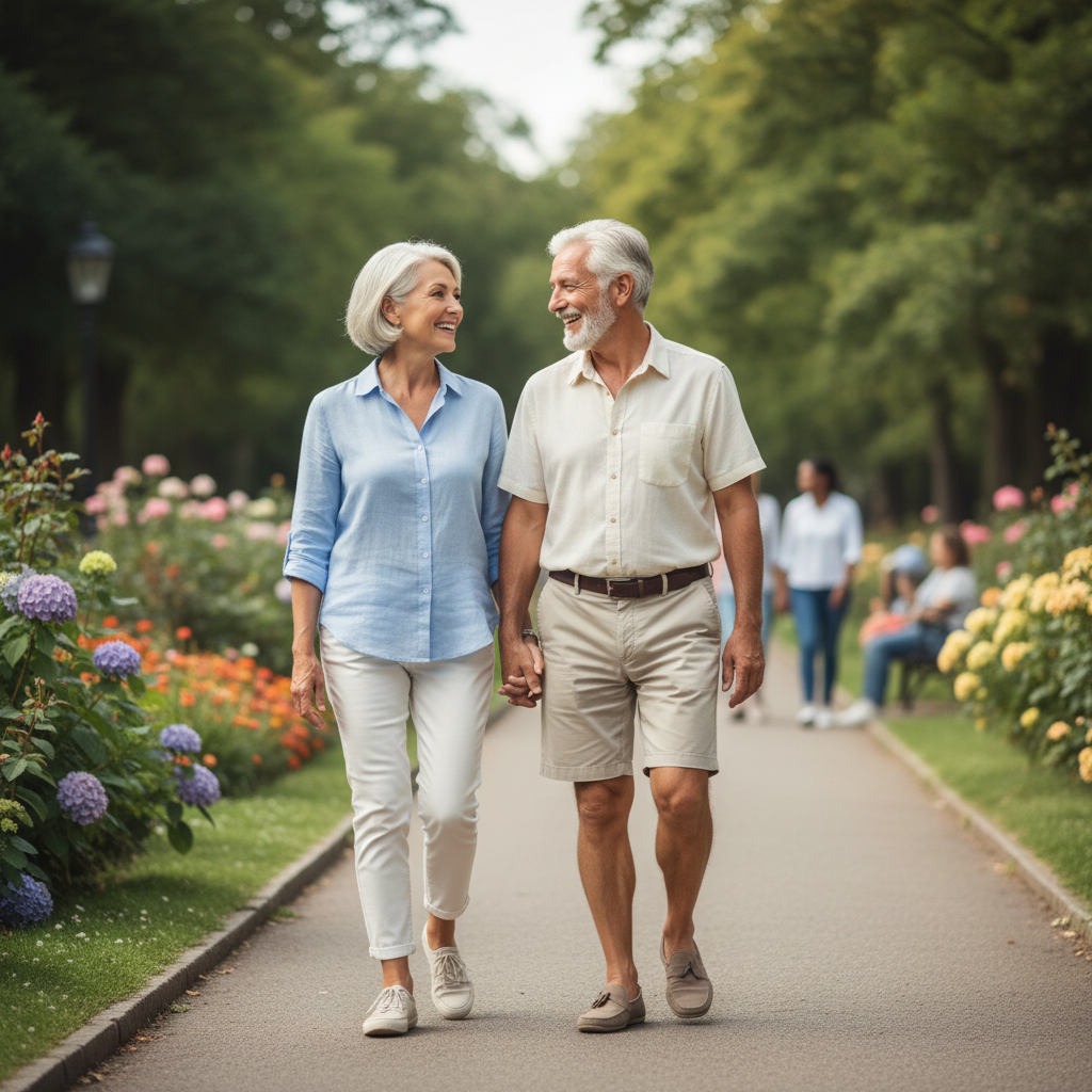 실버 남녀가 공원을 함께 산책하며 대화하는 밝은 표정의 장면