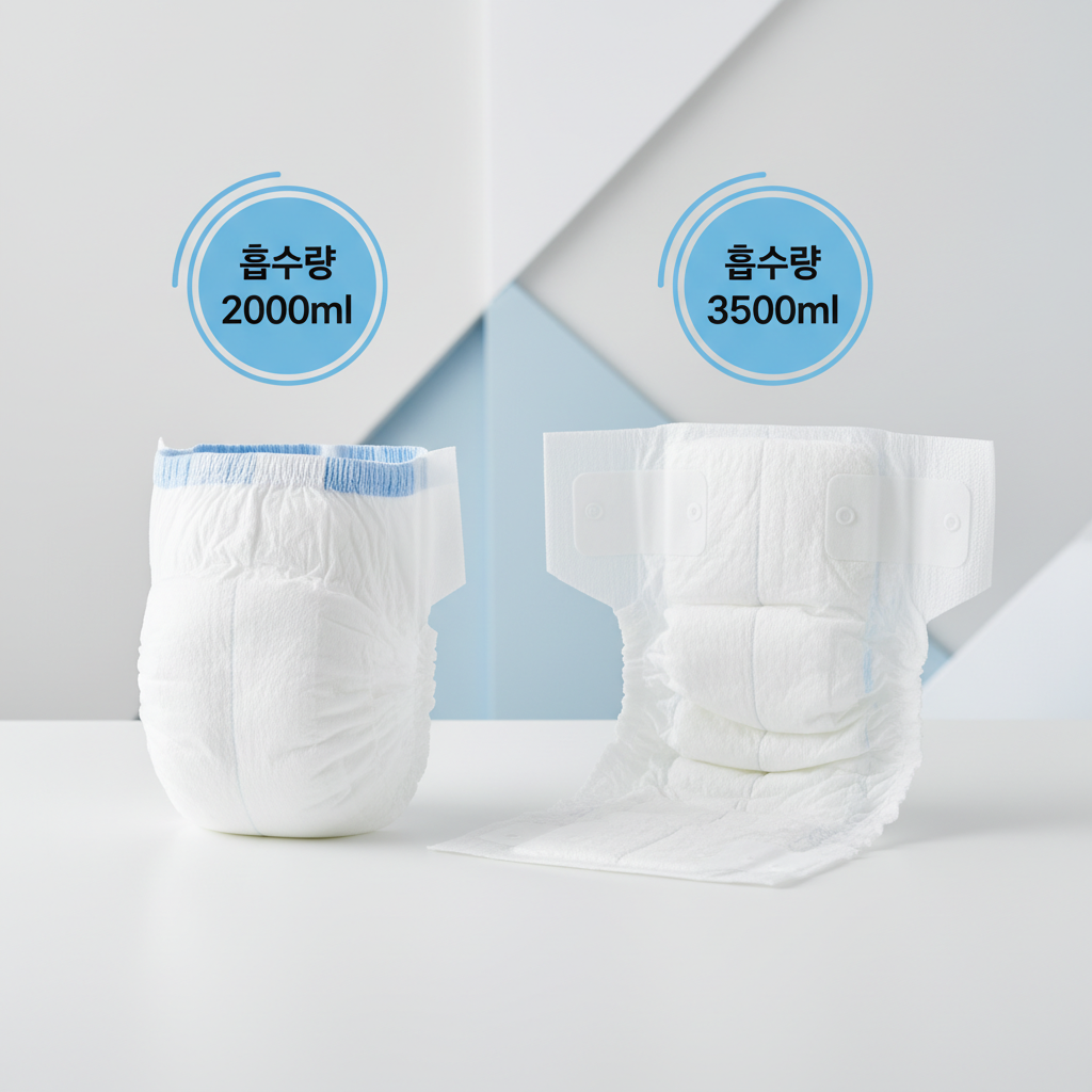 팬티형과 테이프형 성인용 기저귀가 나란히 놓여 있고, 흡수량 수치가 표기된 비교 장면