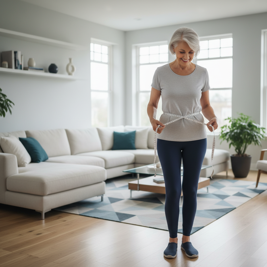 실버 여성이 거실에서 줄자로 허리둘레를 재고 있는 모습