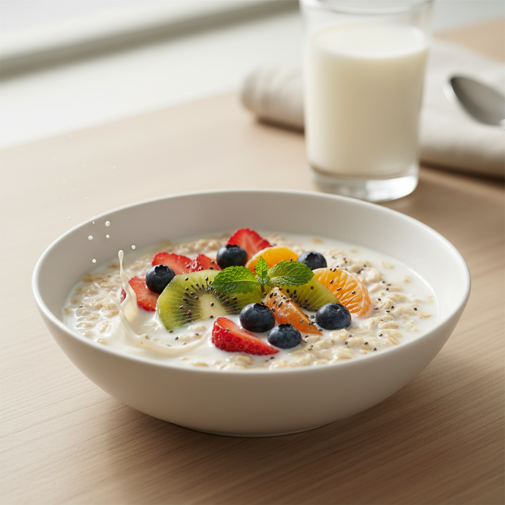 압착 귀리를 우유에 불려 과일과 함께 담은 그릇
