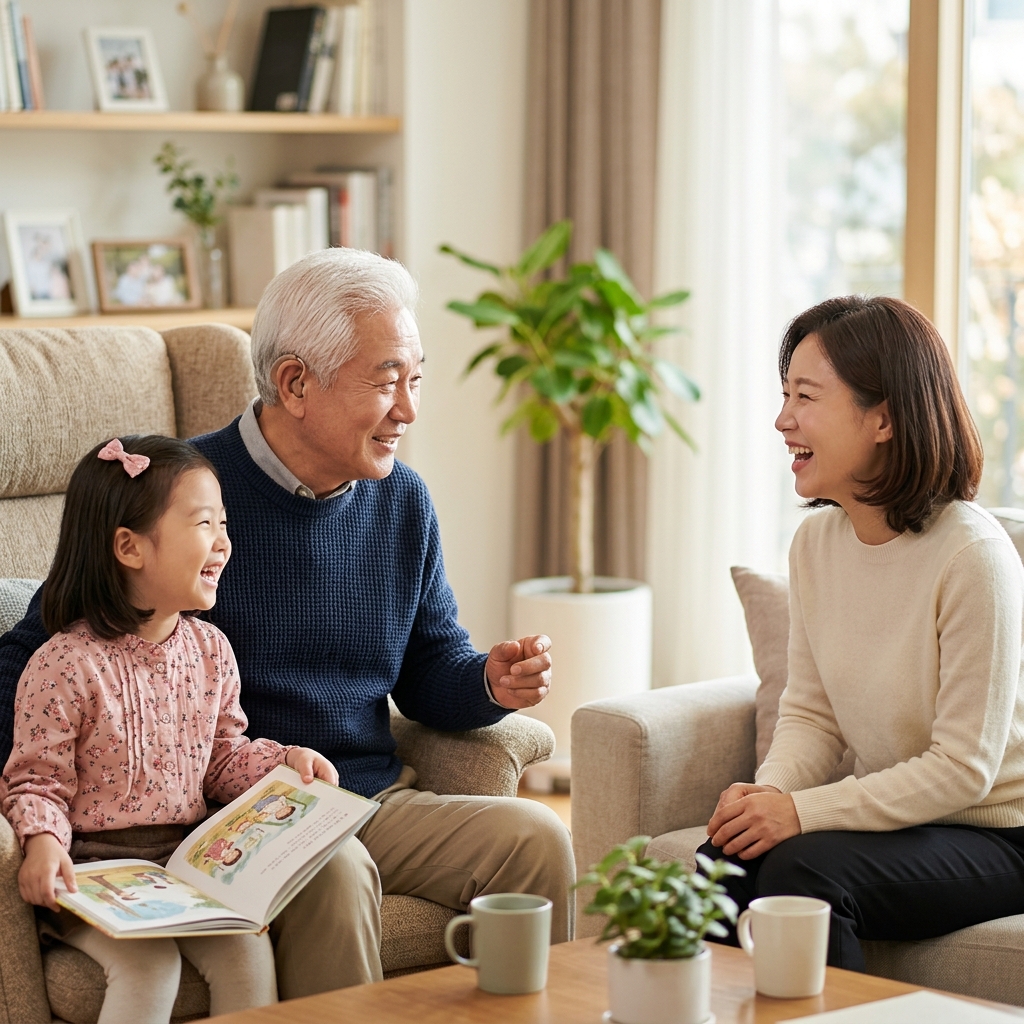 보청기를 착용한 한국인 노인이 가족과 편안하게 대화하는 모습