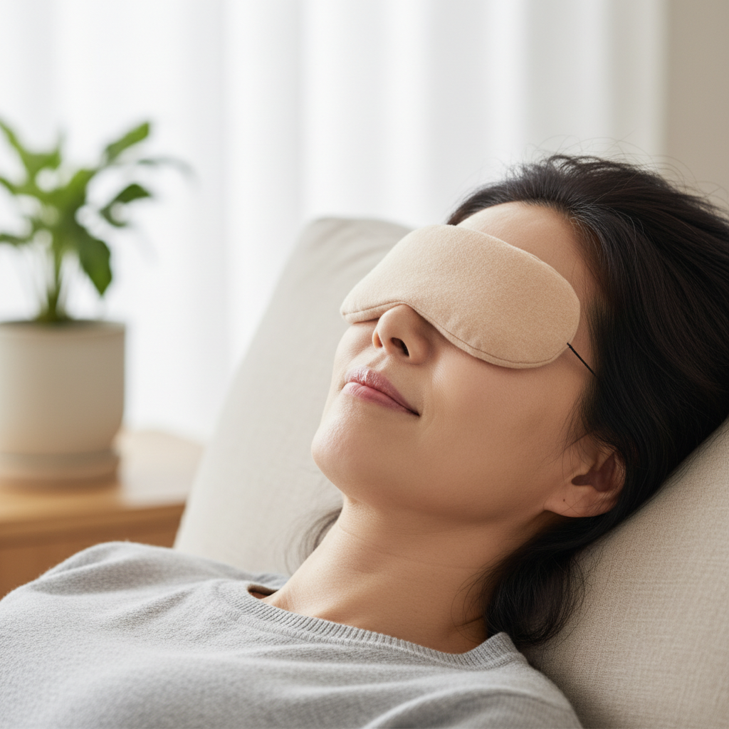 눈을 감고 온찜질팩을 올려놓은 50대 한국인 모습