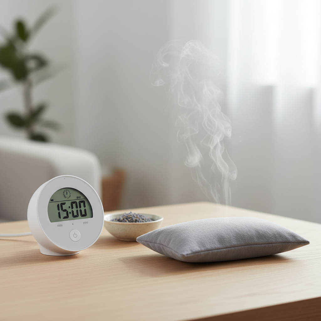 타이머와 온찜질팩이 함께 놓인 테이블 위 장면