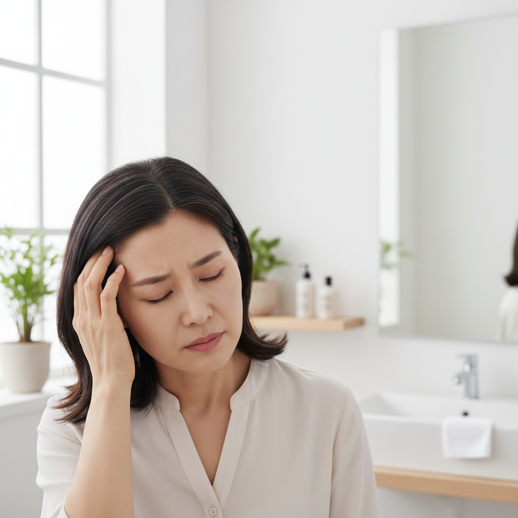 새치 염색 후 두피를 만지며 불편함을 느끼는 한국인 중년 여성