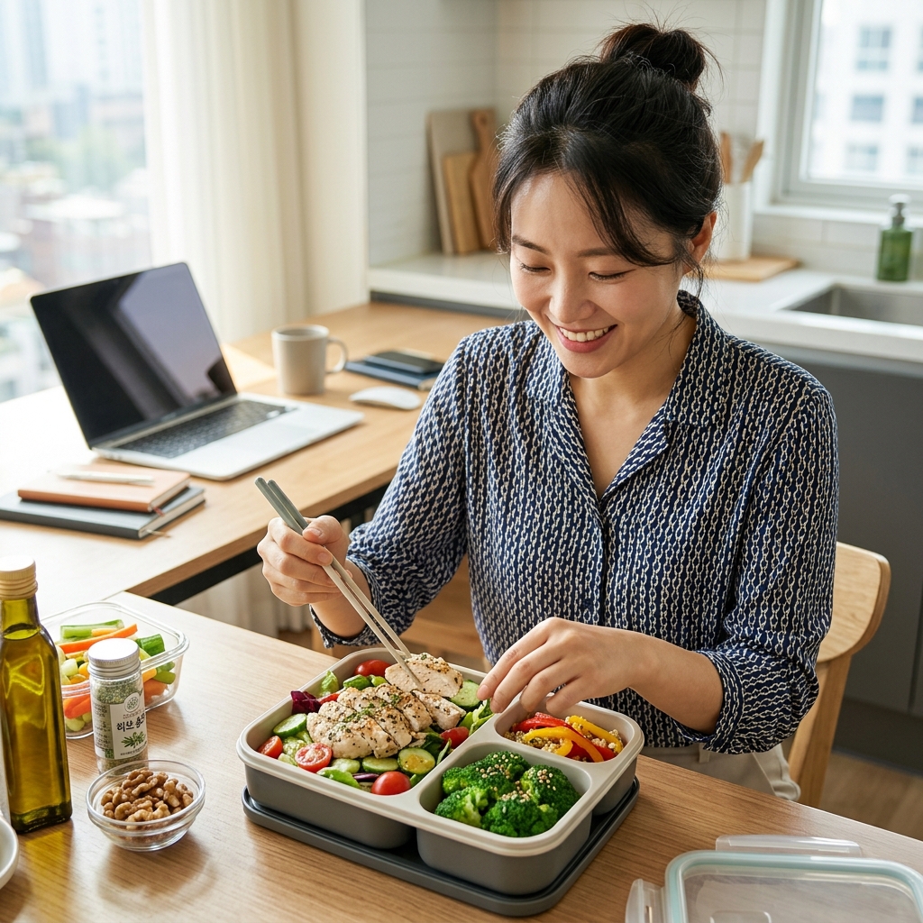 닭가슴살 샐러드와 브로콜리가 담긴 도시락을 준비하는 30대 한국인 직장인