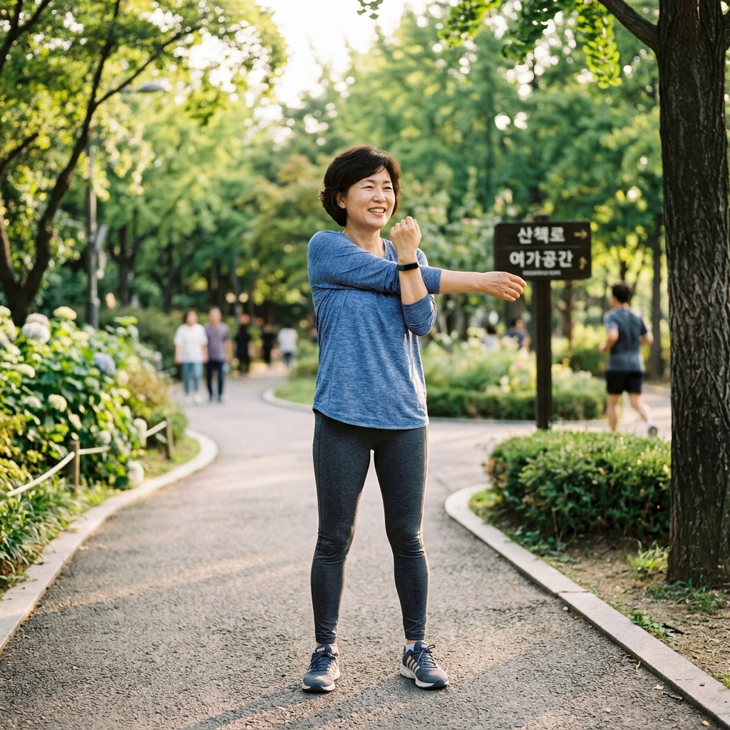 한국인이 공원에서 가볍게 걷거나 스트레칭하는 자연스러운 장면