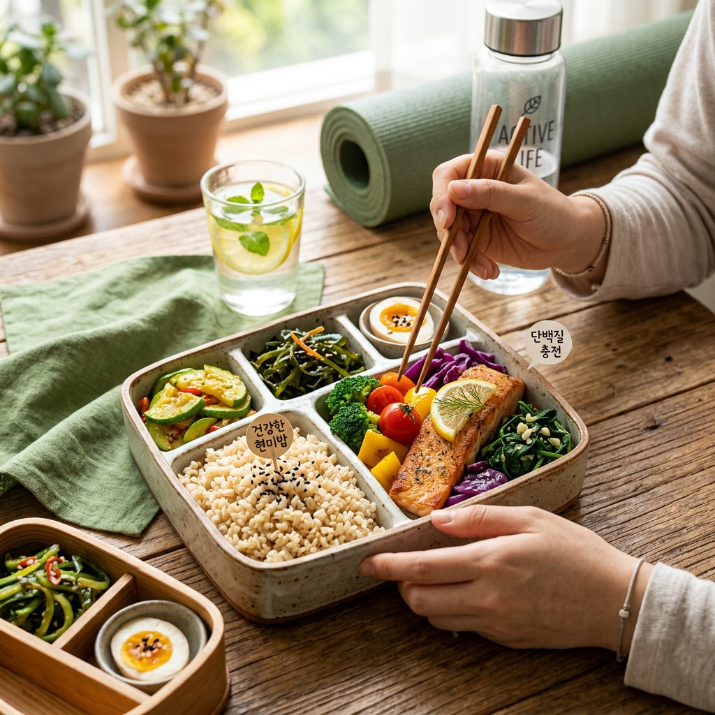 현미밥과 채소, 단백질 반찬이 함께 담긴 한 끼 식사