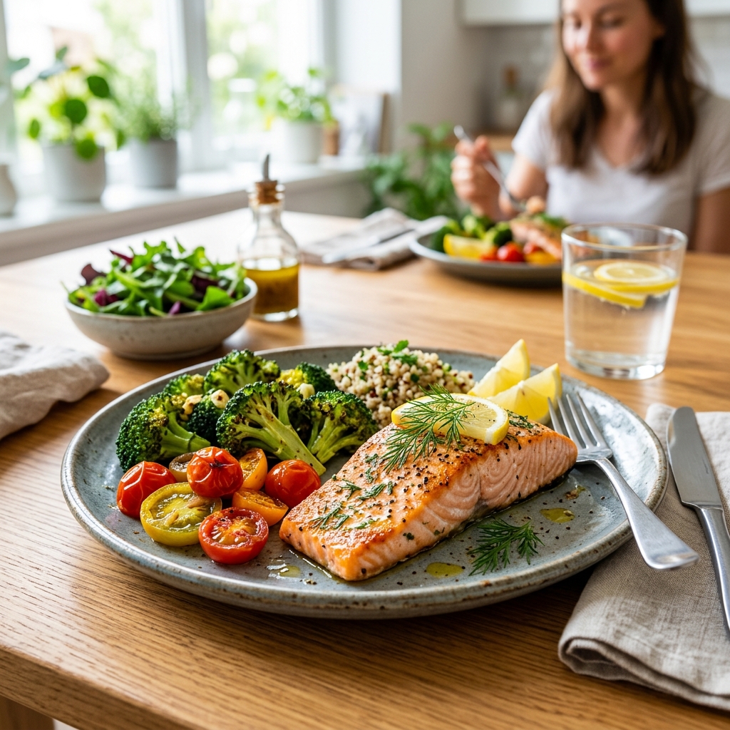 토마토, 브로콜리, 연어가 포함된 건강한 한 끼 식사