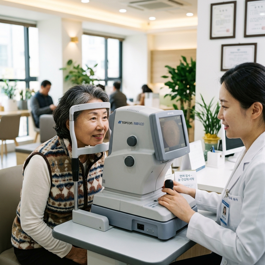 안과에서 안저 촬영 장비를 사용해 검사받는 한국인 환자의 모습