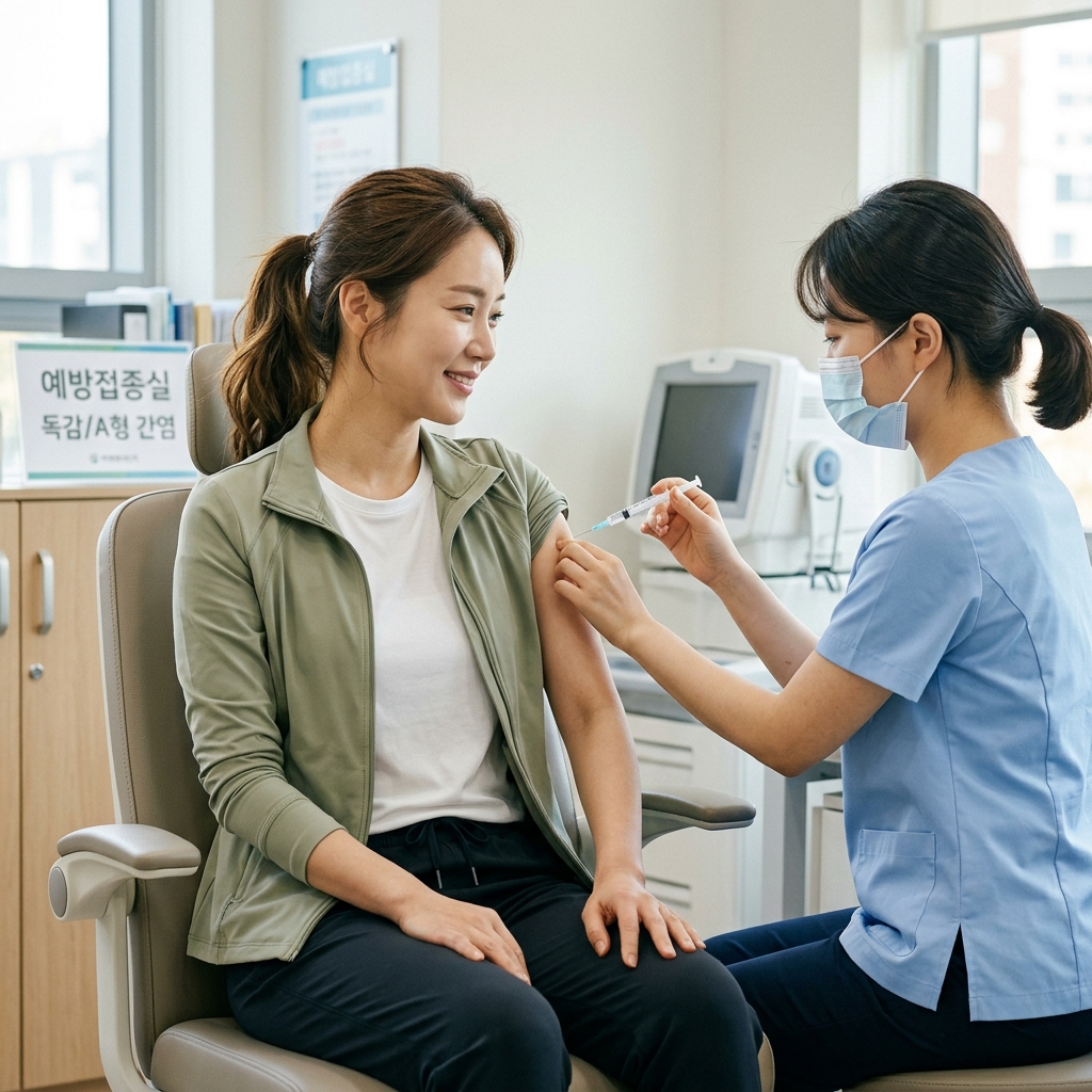 병원에서 예방접종을 받고 있는 한국인 성인의 모습