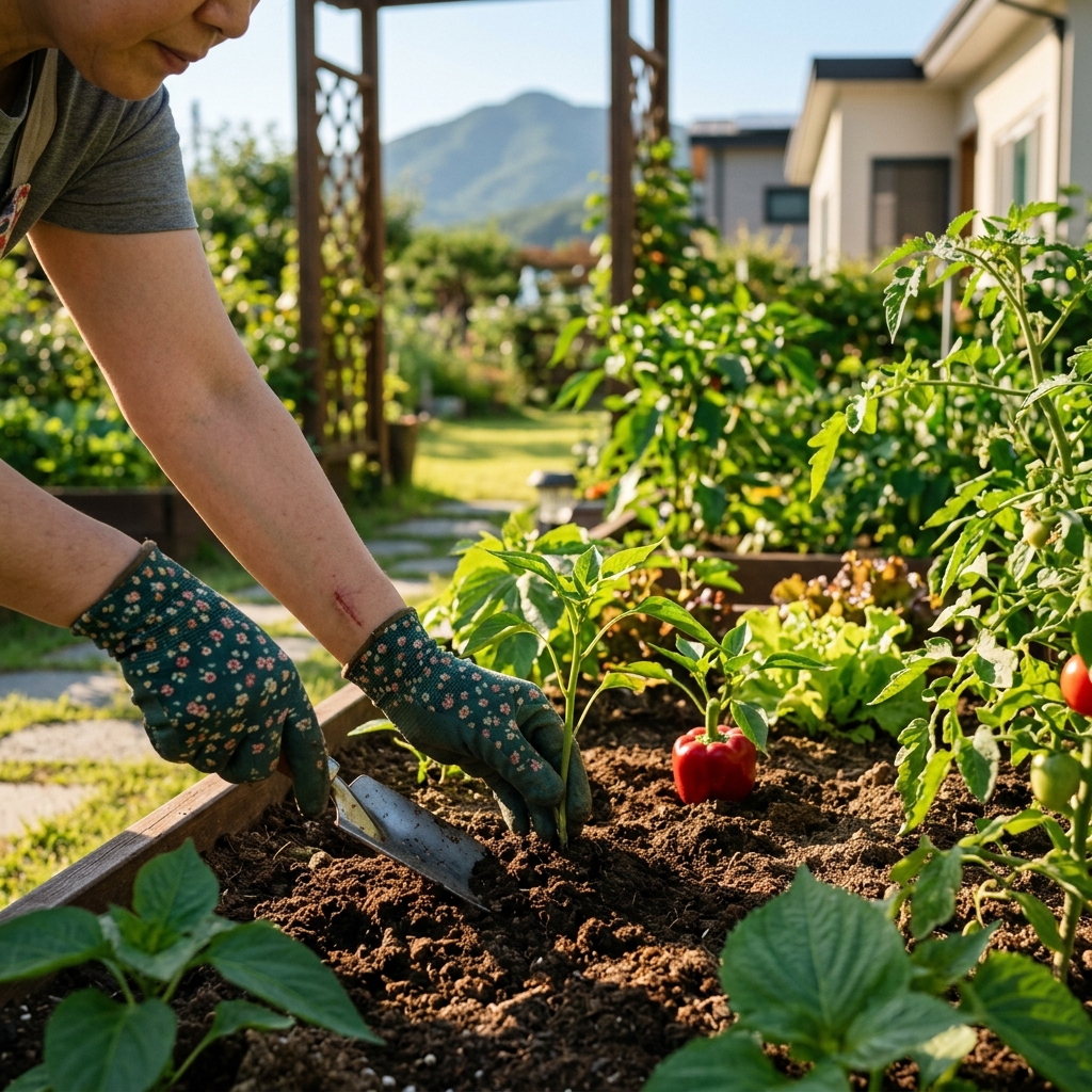 정원 가꾸기를 하는 한국인의 손과 장갑, 작은 상처 예방 장면