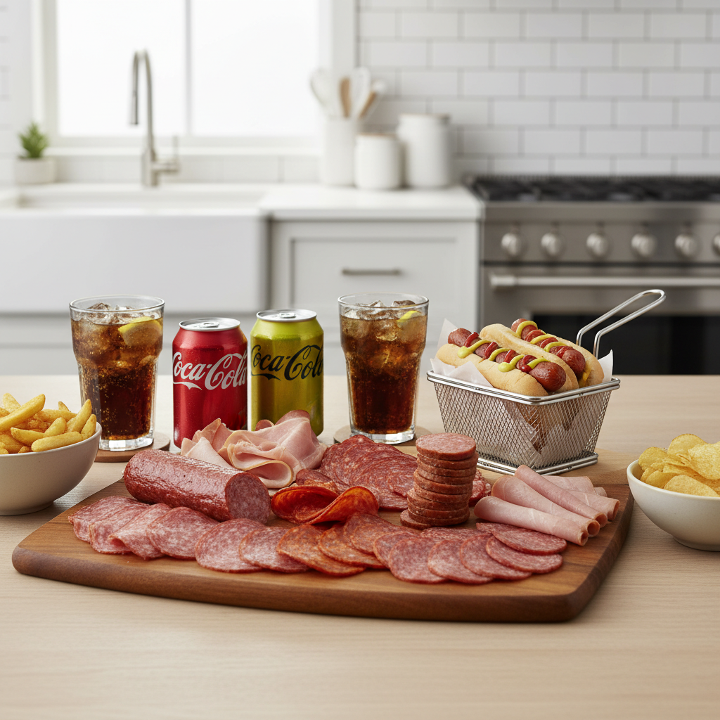 가공육과 탄산음료가 놓인 식탁 장면