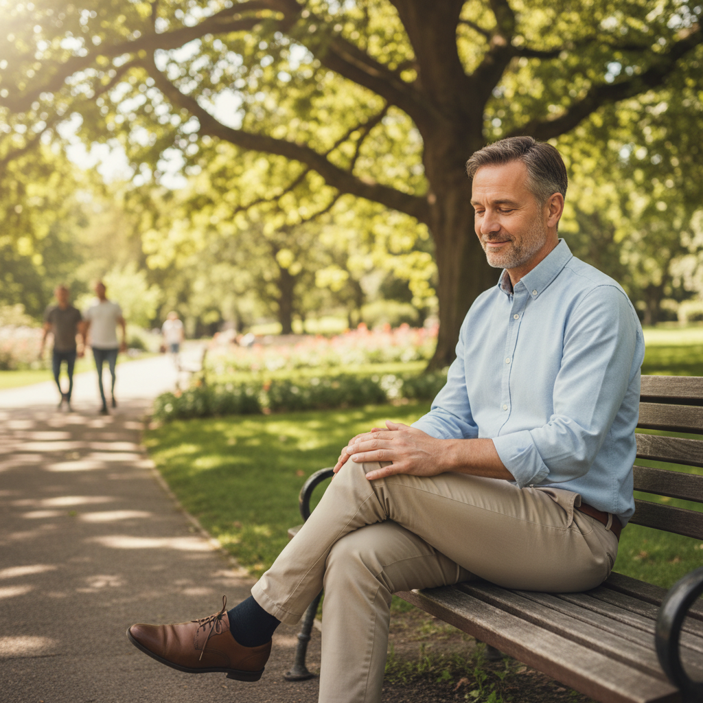 중년 남성이 공원 벤치에서 무릎을 가볍게 주무르며 휴식을 취하는 자연스러운 일상 장면