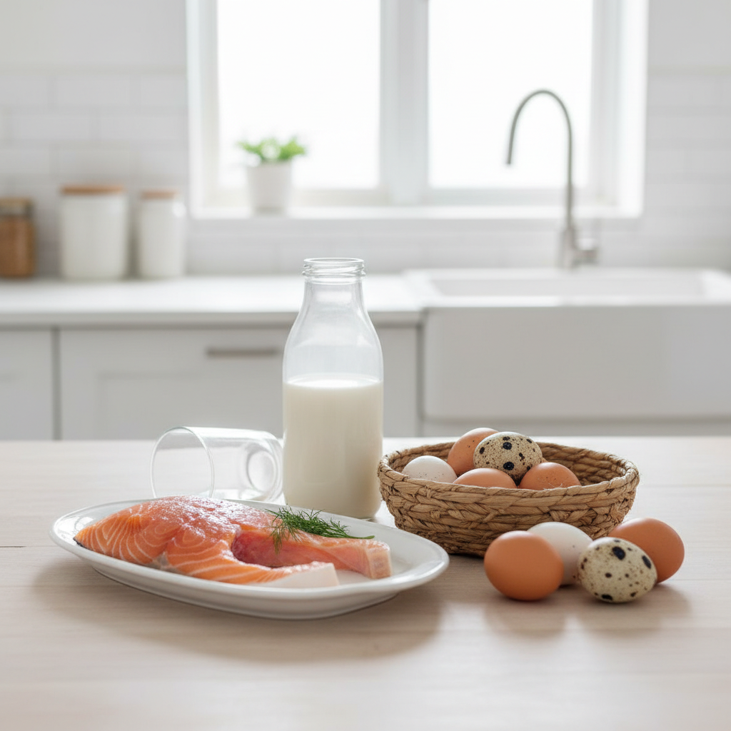 신선한 연어, 달걀, 우유가 식탁 위에 자연스럽게 놓인 장면