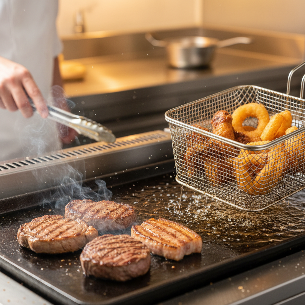 고온에서 조리 중인 고기와 튀김 요리