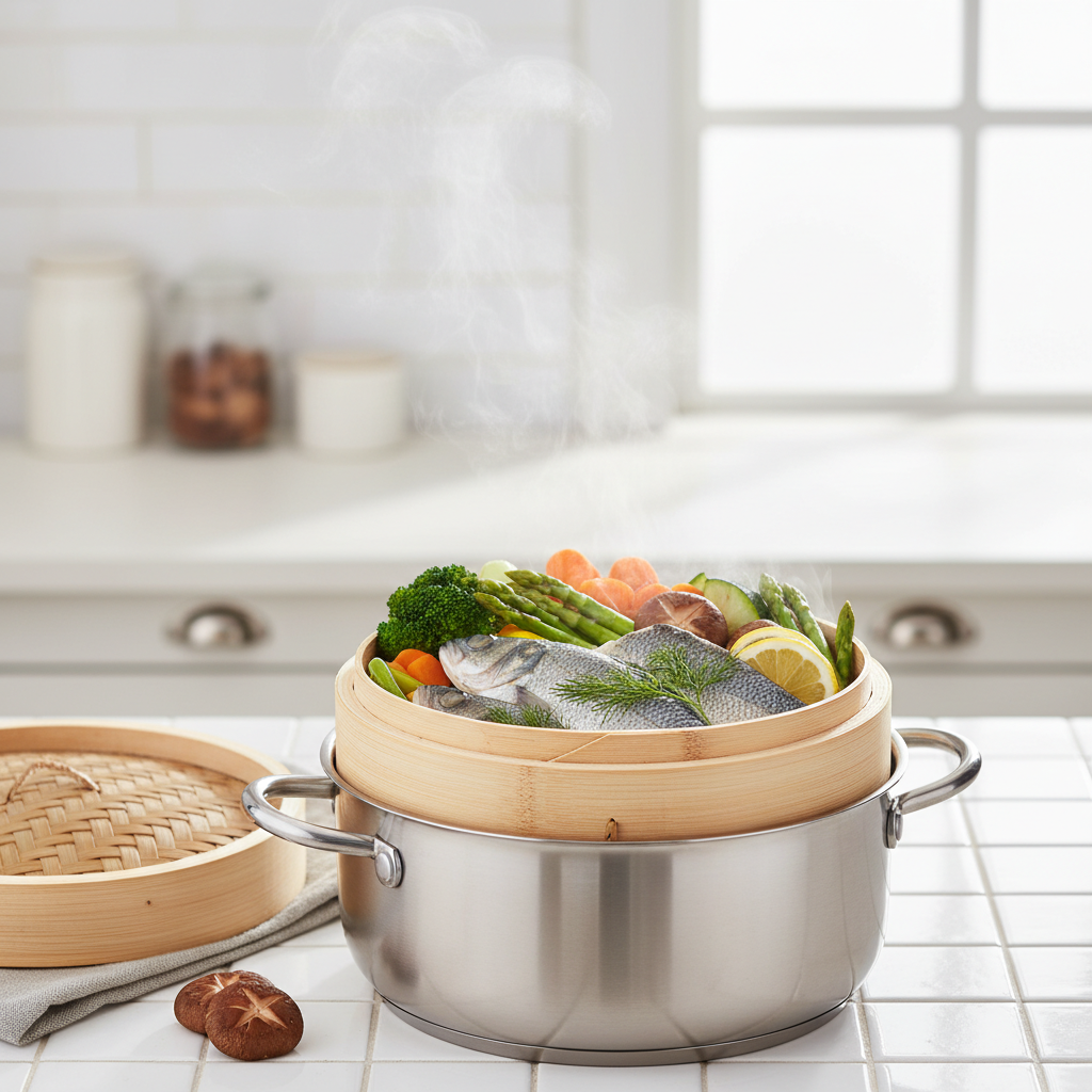 찜기에서 쪄지는 채소와 생선