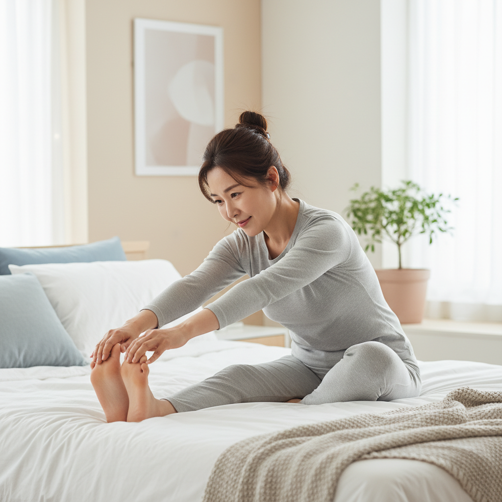 침대에 앉아 스트레칭하는 한국인 중년 여성