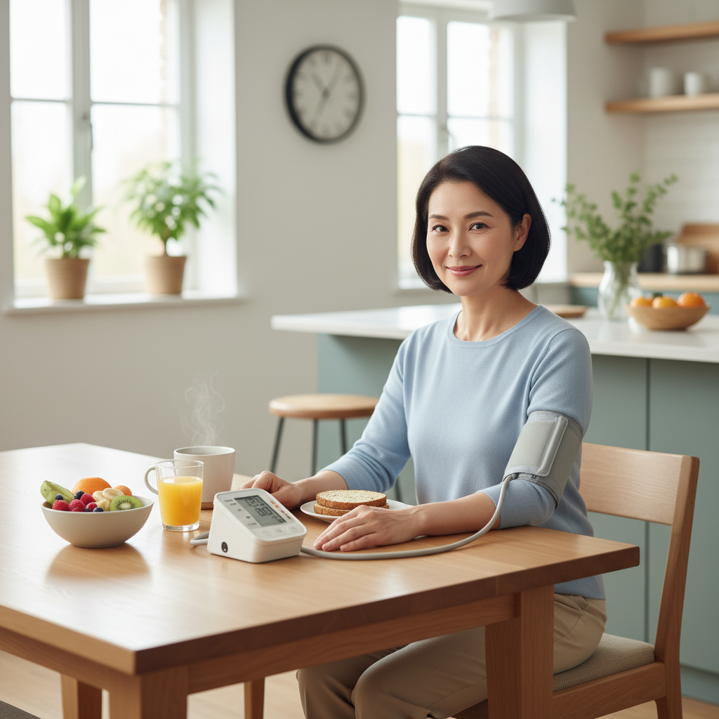 아침 식탁에서 혈압을 재는 중년 여성
