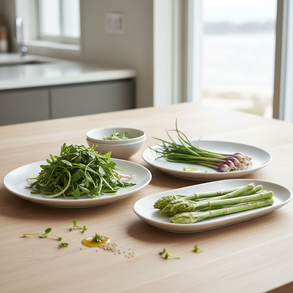 냉이, 달래, 두릅 등 제철 나물이 담긴 접시들