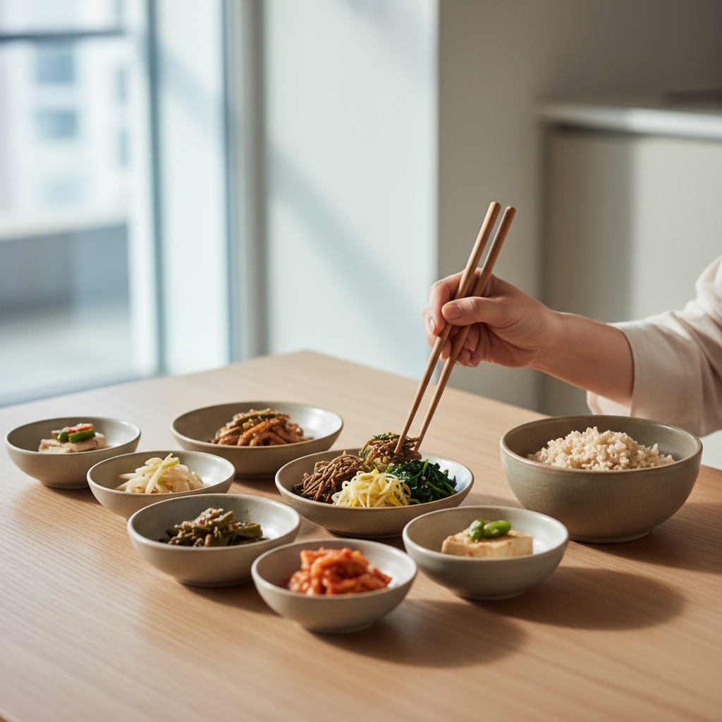 식탁에서 나물 반찬을 먼저 집는 중장년 여성의 손