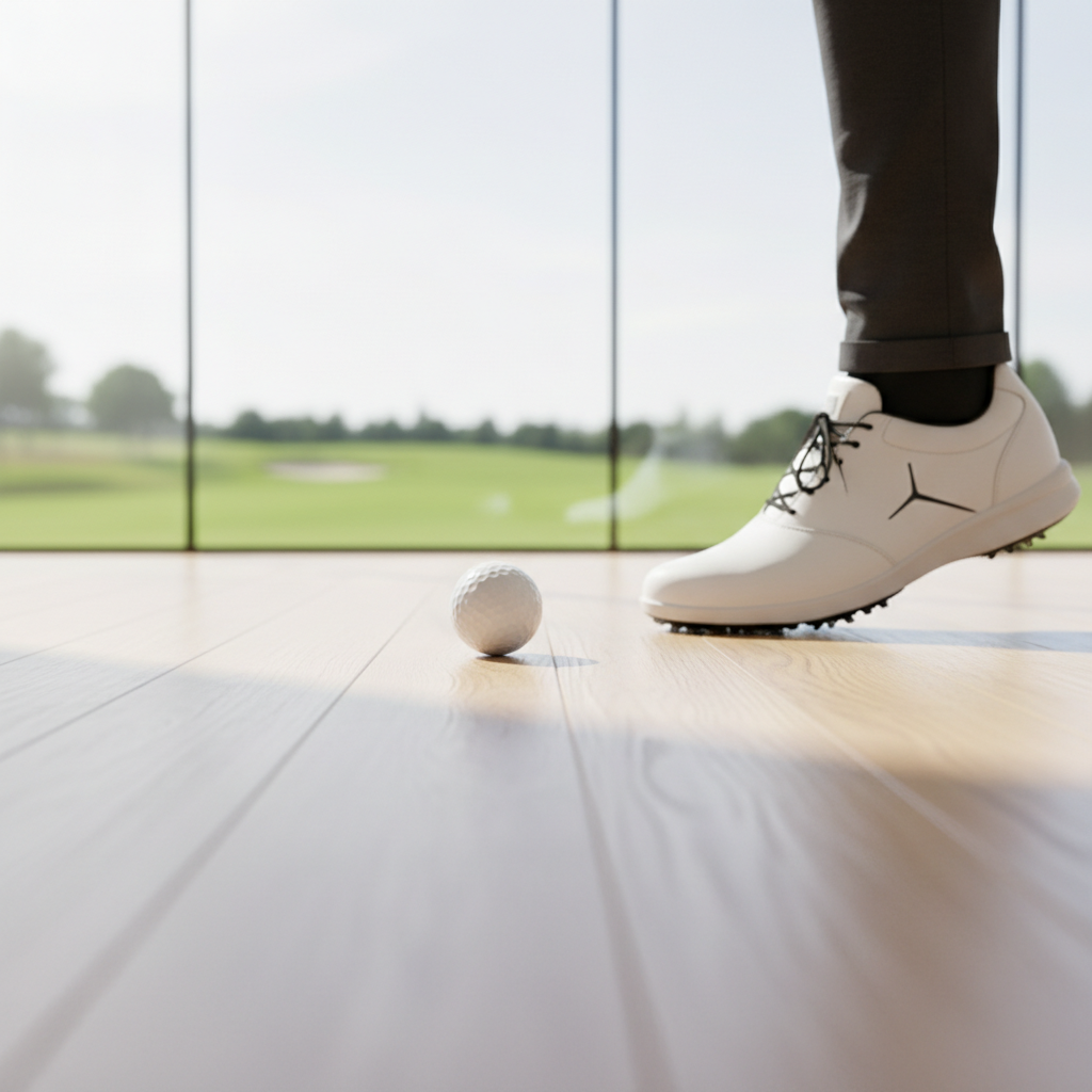 바닥에 골프공을 놓고 발로 굴리는 장면