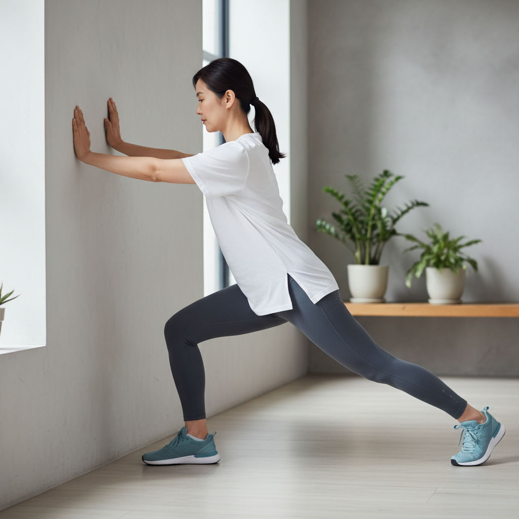 벽을 짚고 아킬레스건 스트레칭을 하는 중년 여성