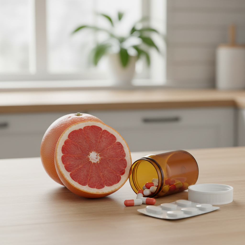 자몽과 약을 함께 놓고 주의를 환기하는 장면, 주방 테이블 위