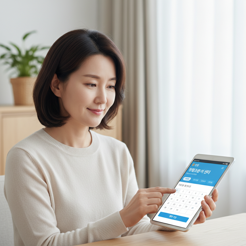 건강검진 센터 예약 화면을 확인하는 중년 여성