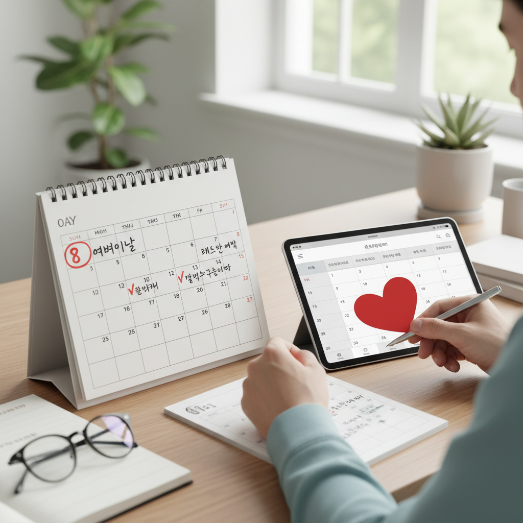 달력에 어버이날 표시하며 예약 일정 점검하는 모습