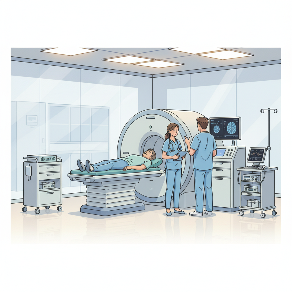 응급실에서 뇌 검사를 받고 있는 환자와 의료진