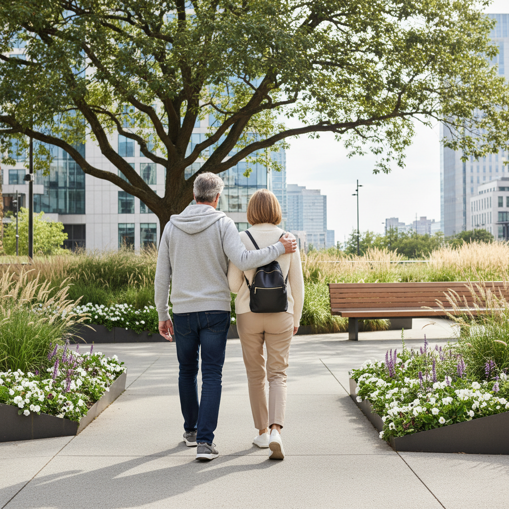 공원에서 가벼운 산책을 즐기는 중년 부부의 뒷모습