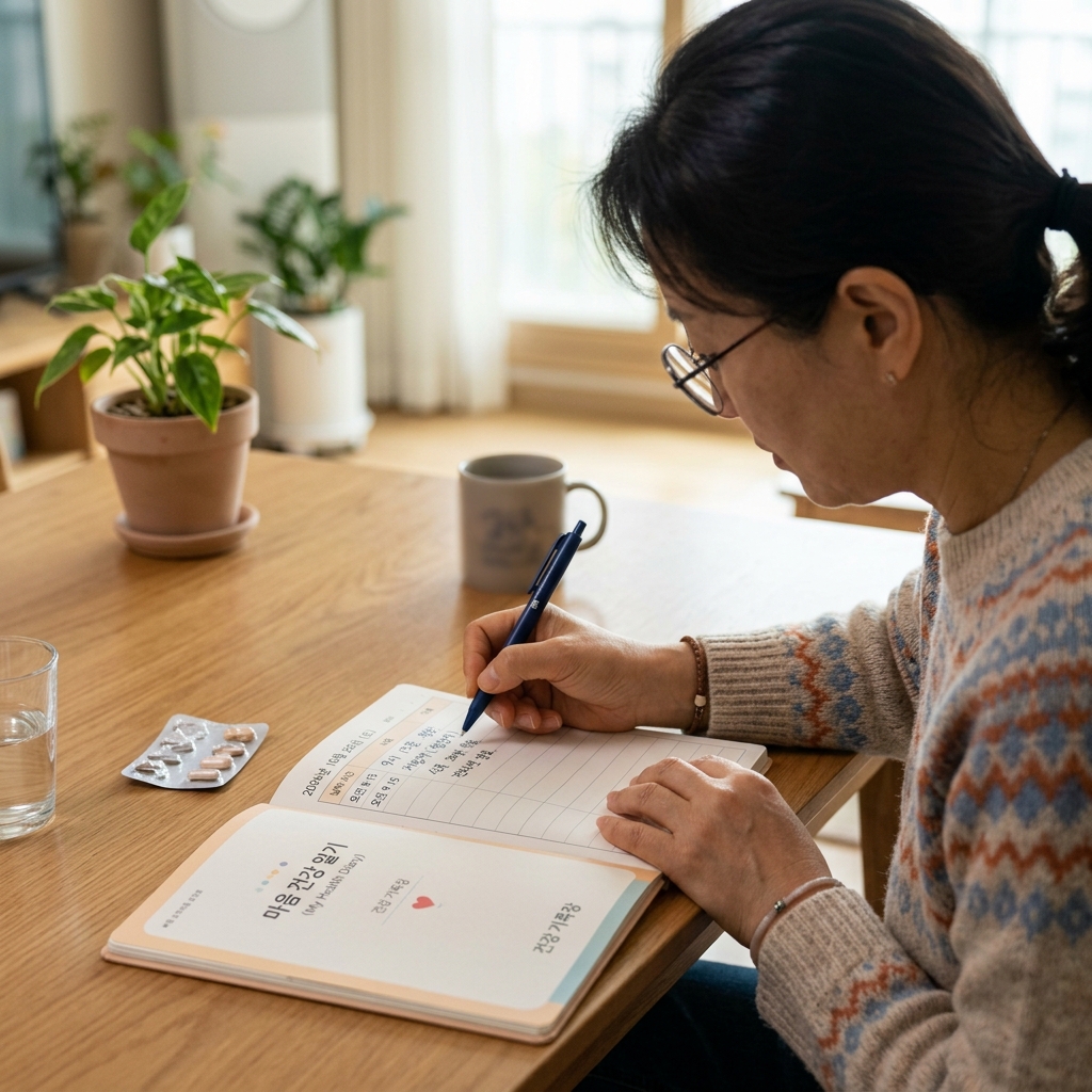 약 복용 후 건강 수첩에 기록하는 한국인 중년 여성의 손