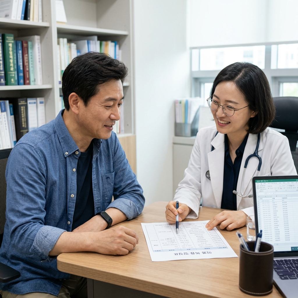 중년 남성이 병원 상담실에서 의사와 약물 복용 일정을 확인하는 장면