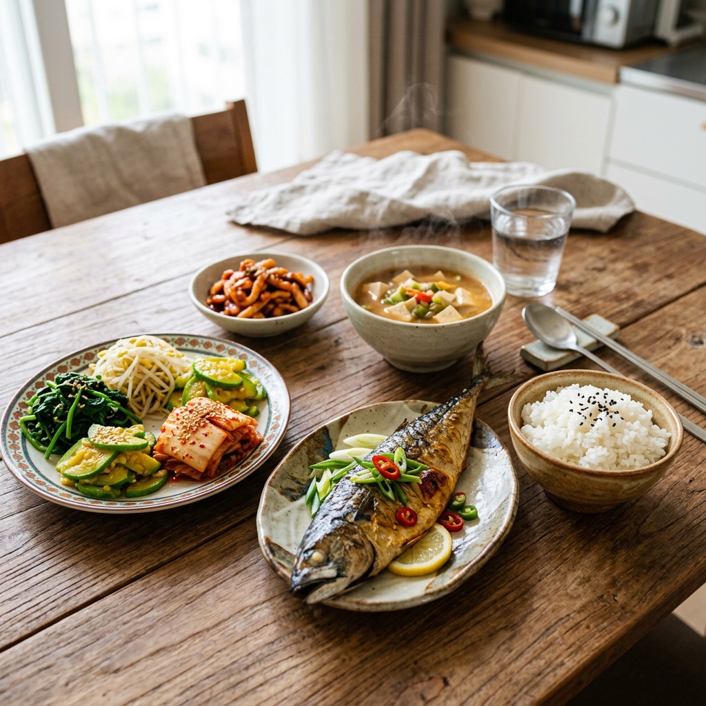 식탁 위 채소, 생선, 밥이 순서대로 배치된 한식 상차림