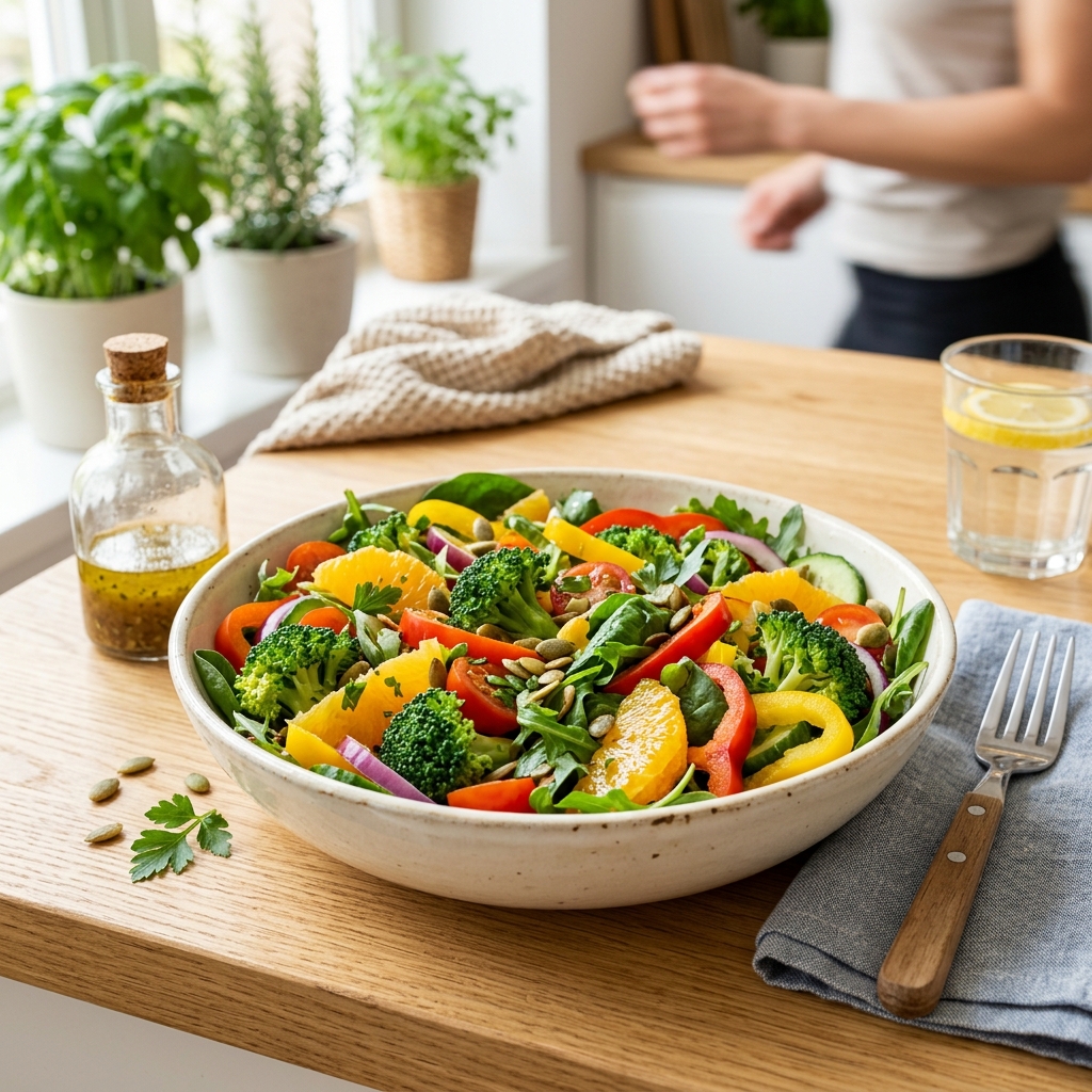 신선한 오렌지, 파프리카, 브로콜리가 담긴 샐러드 그릇