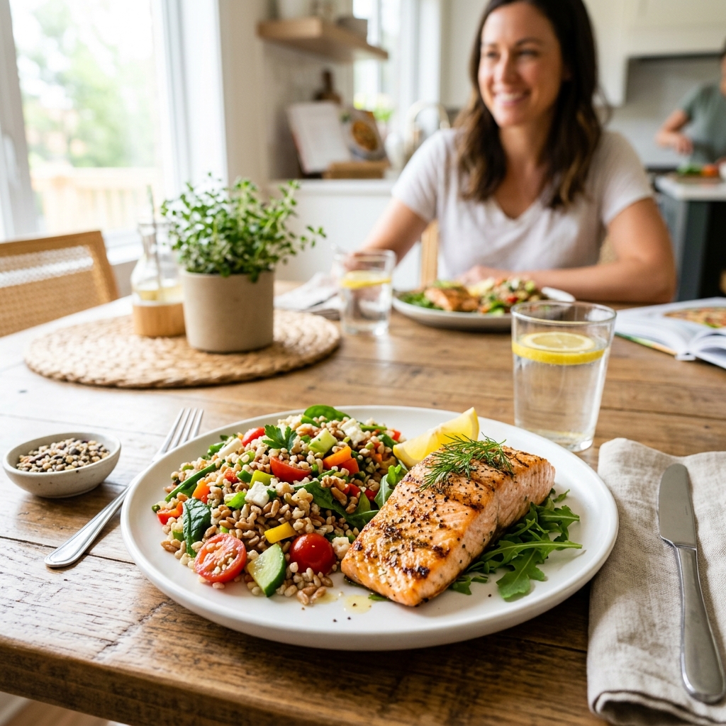 통곡물 샐러드와 구운 생선이 담긴 건강한 식사 장면