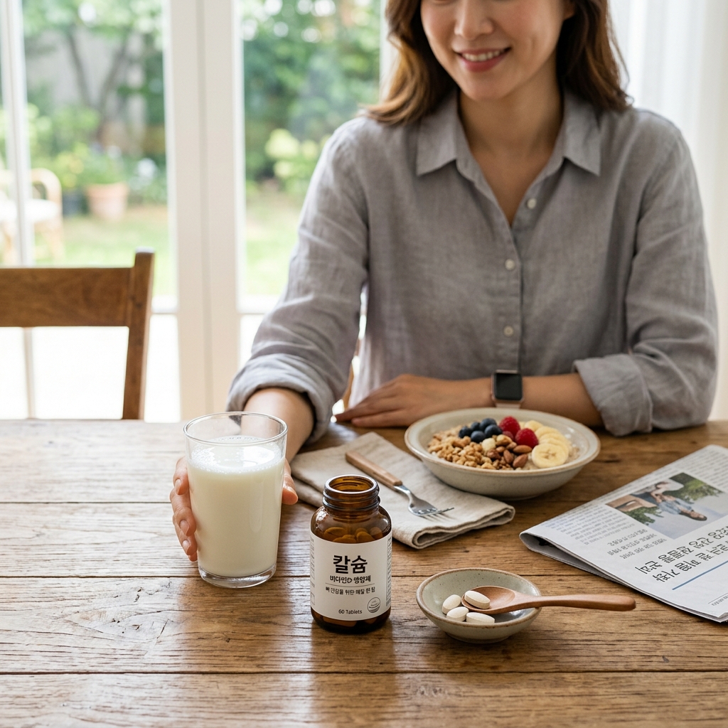 칼슘 영양제와 우유를 함께 놓은 식탁