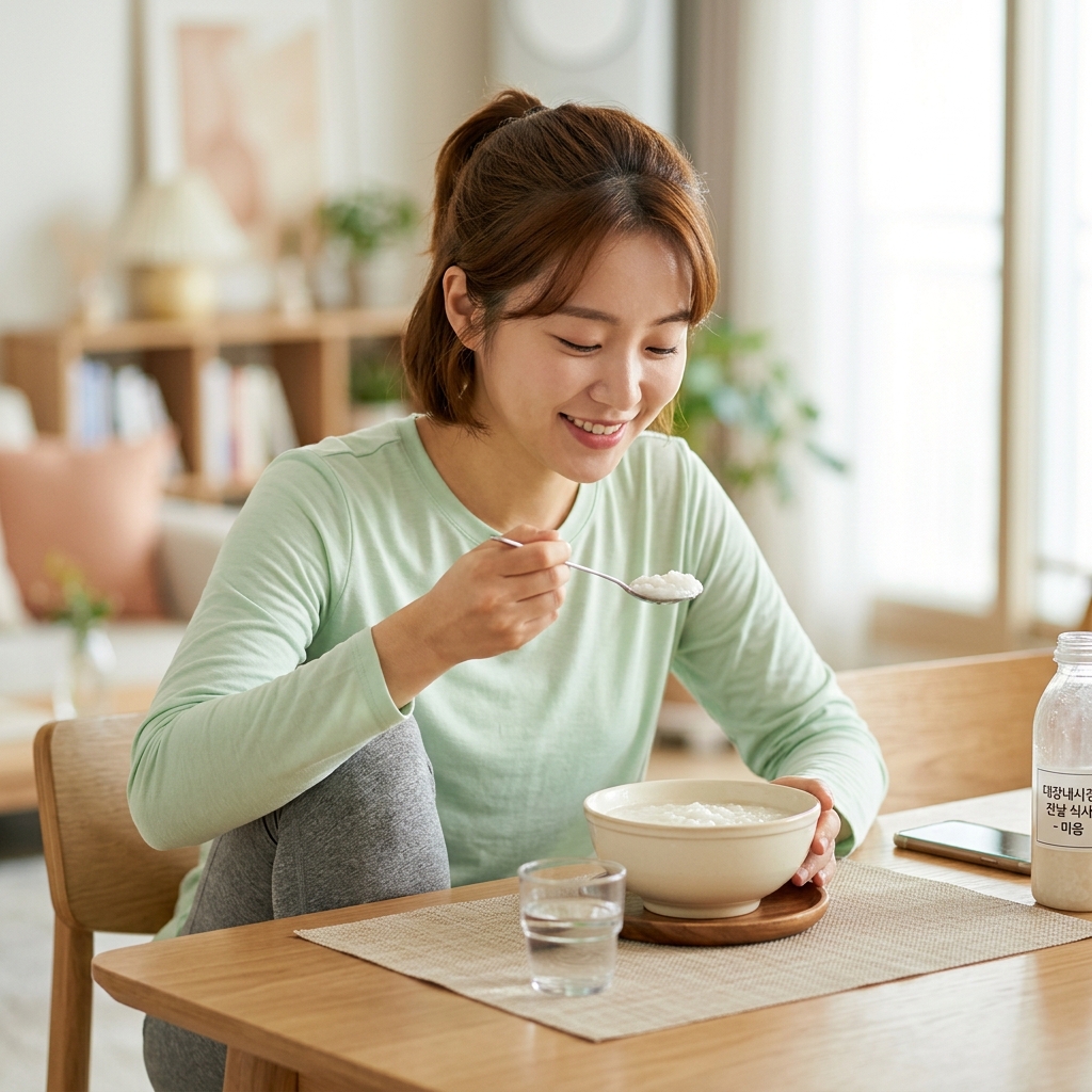 대장내시경 전날 미음을 먹고 있는 한국인 여성의 모습