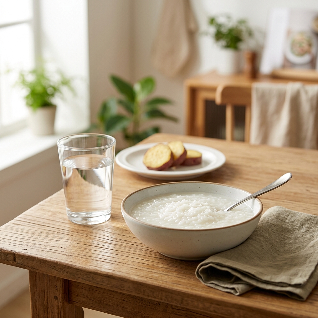 대장내시경 전날 허용되는 흰죽과 맑은 물이 놓인 식탁