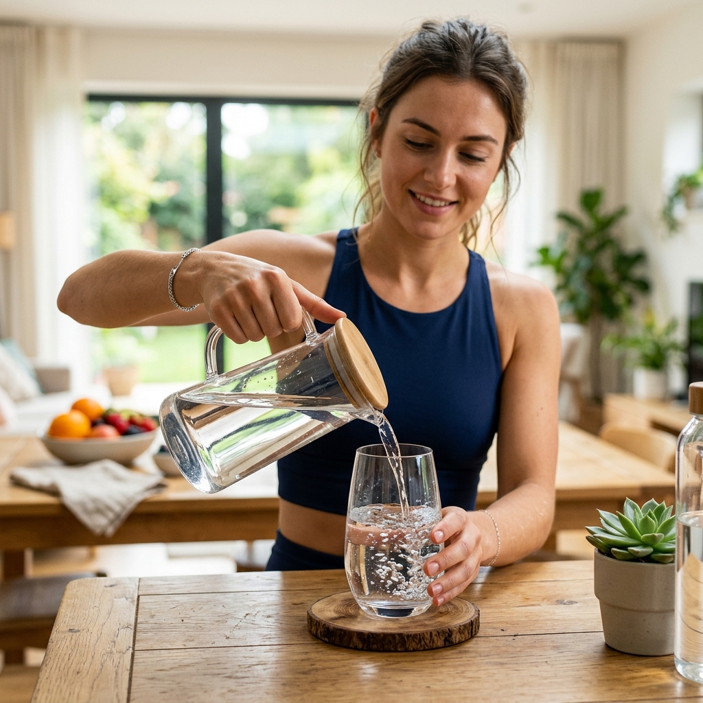투명한 유리컵에 물을 따르는 자연스러운 실내 장면
