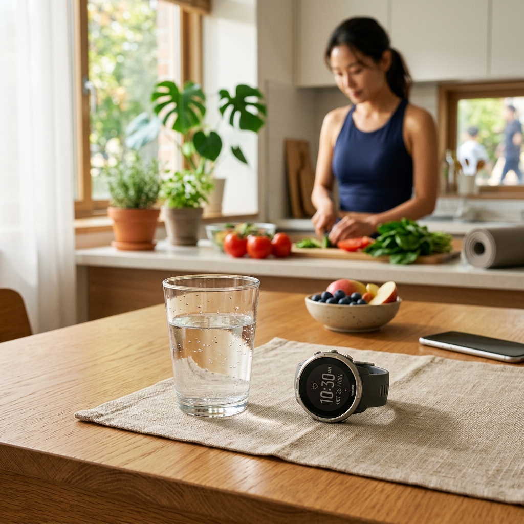 식탁 위 물컵과 시계가 함께 놓인 장면