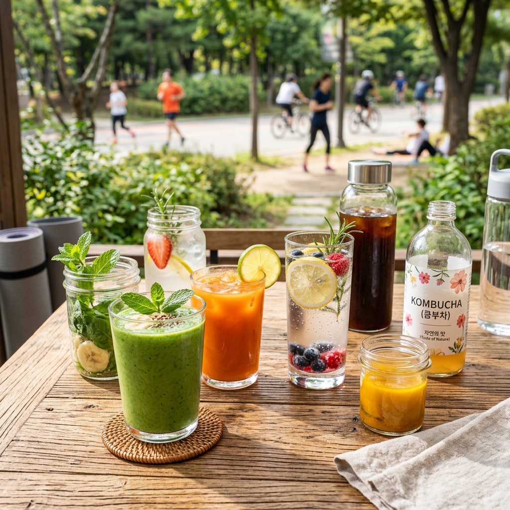 다양한 종류의 음료가 놓인 테이블