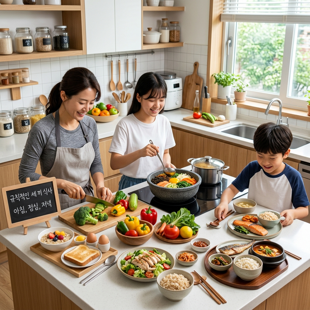 규칙적인 세 끼 식사를 준비하는 주방 장면