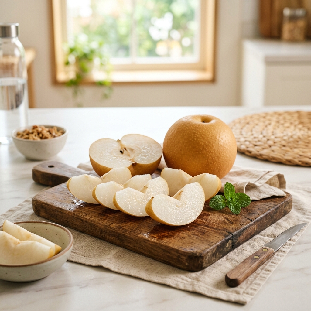 신선한 한국 배를 썰어 놓은 모습