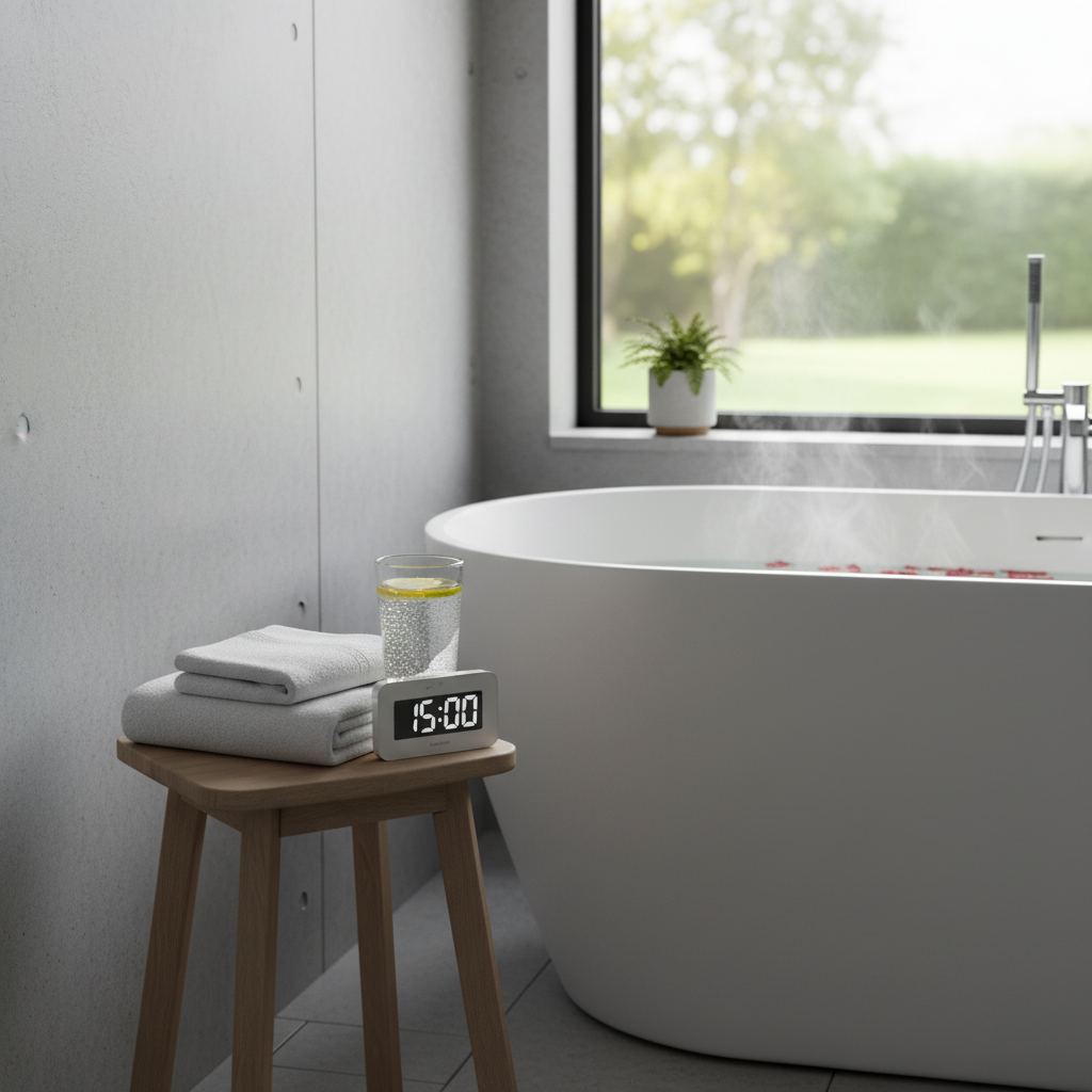 욕조 옆에 수건, 물컵, 타이머가 준비된 반신욕 준비 장면