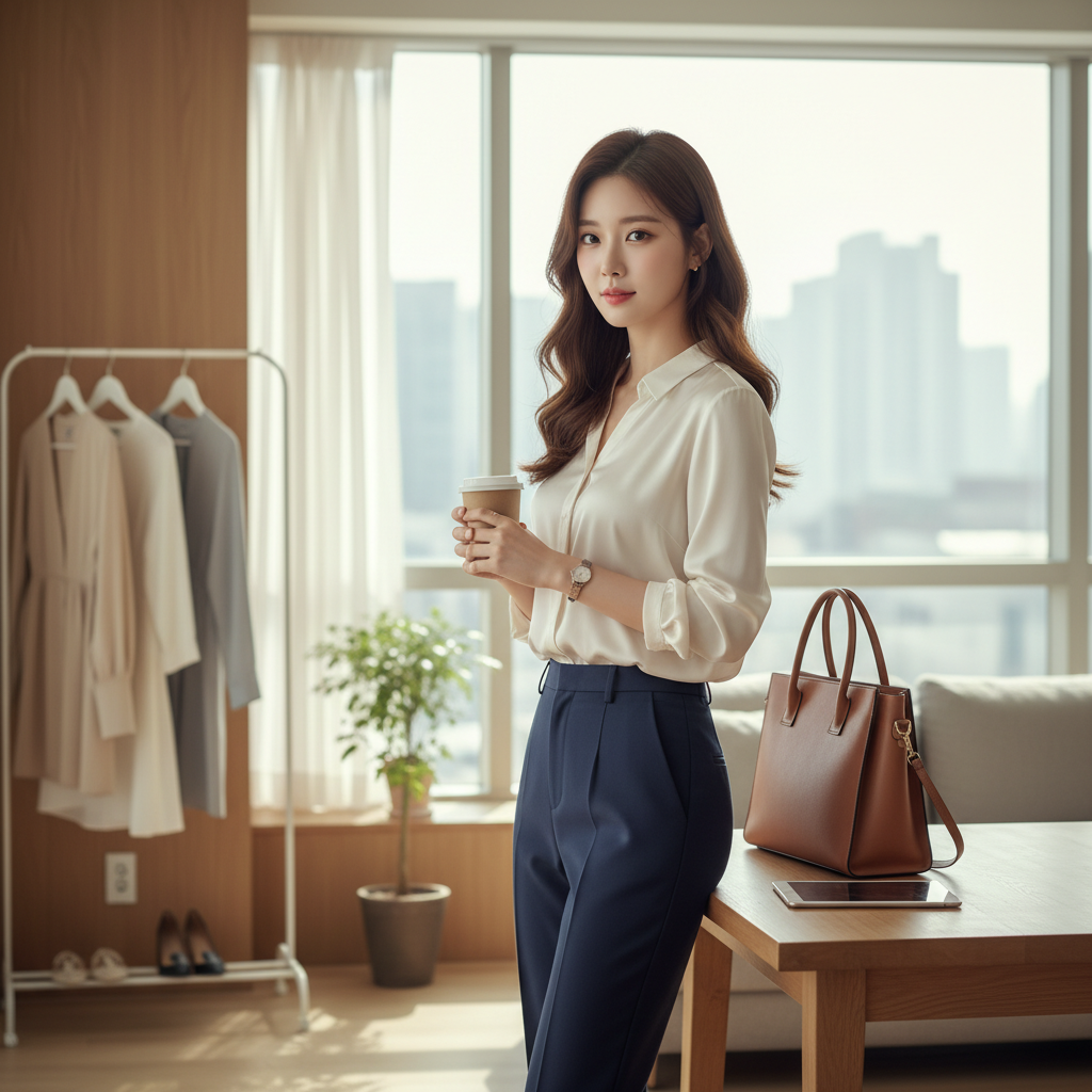 아침 출근 준비를 하는 20대 한국인 여성 회사원의 모습